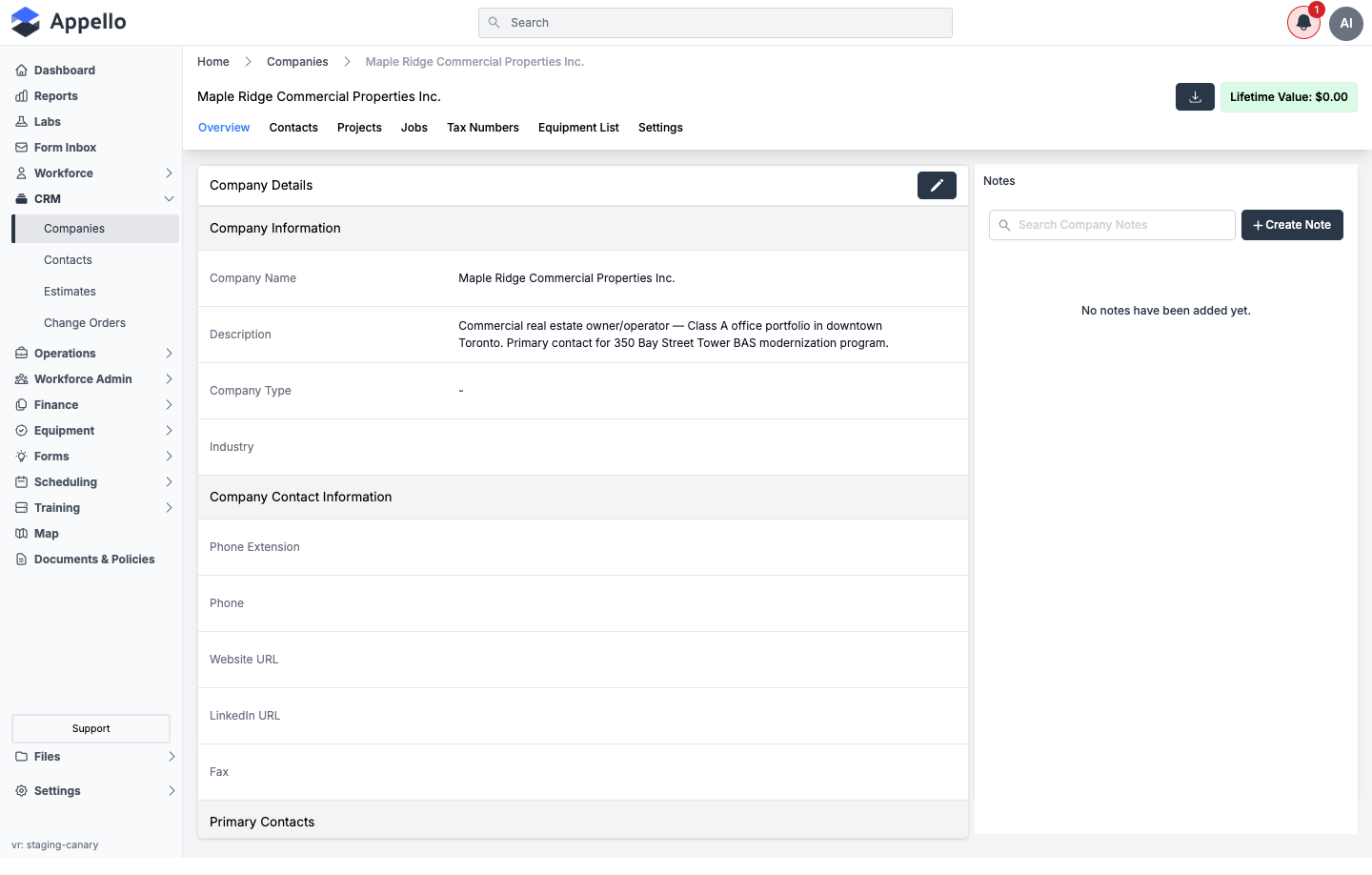 Company Detail page header — breadcrumbs, company name, Company Type badge, Download button, and Lifetime Value badge