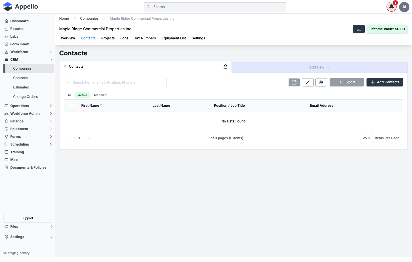 Company Contacts tab, shown empty on the demo instance