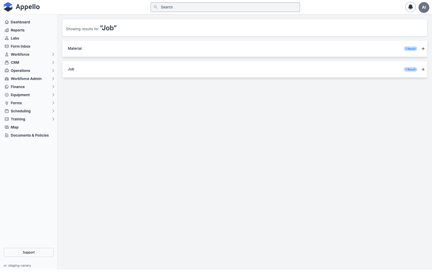 The /search results page for the term "job", showing collapsed Material and Job sections each labeled with a result count and an expand control