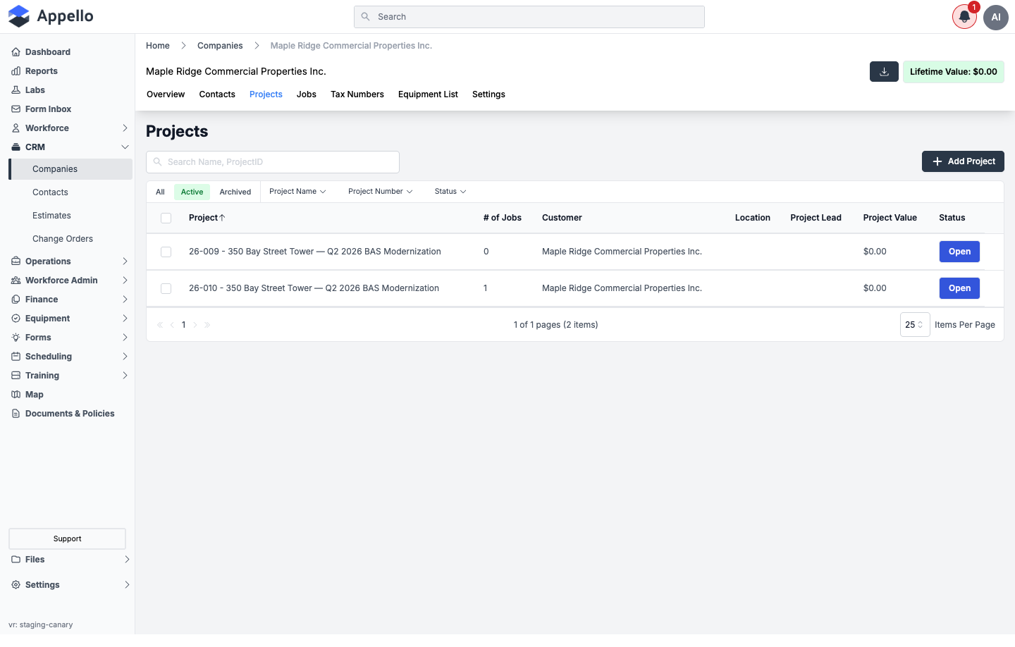 Company Projects tab with two active projects