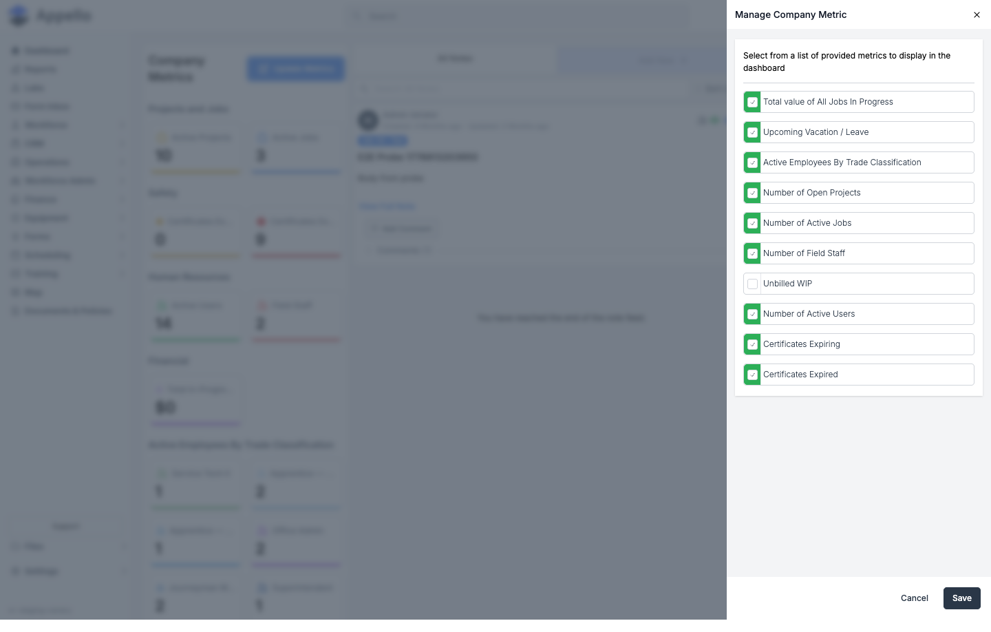 Manage Company Metric panel with a checkbox list of ten dashboard metrics, and Cancel / Save buttons