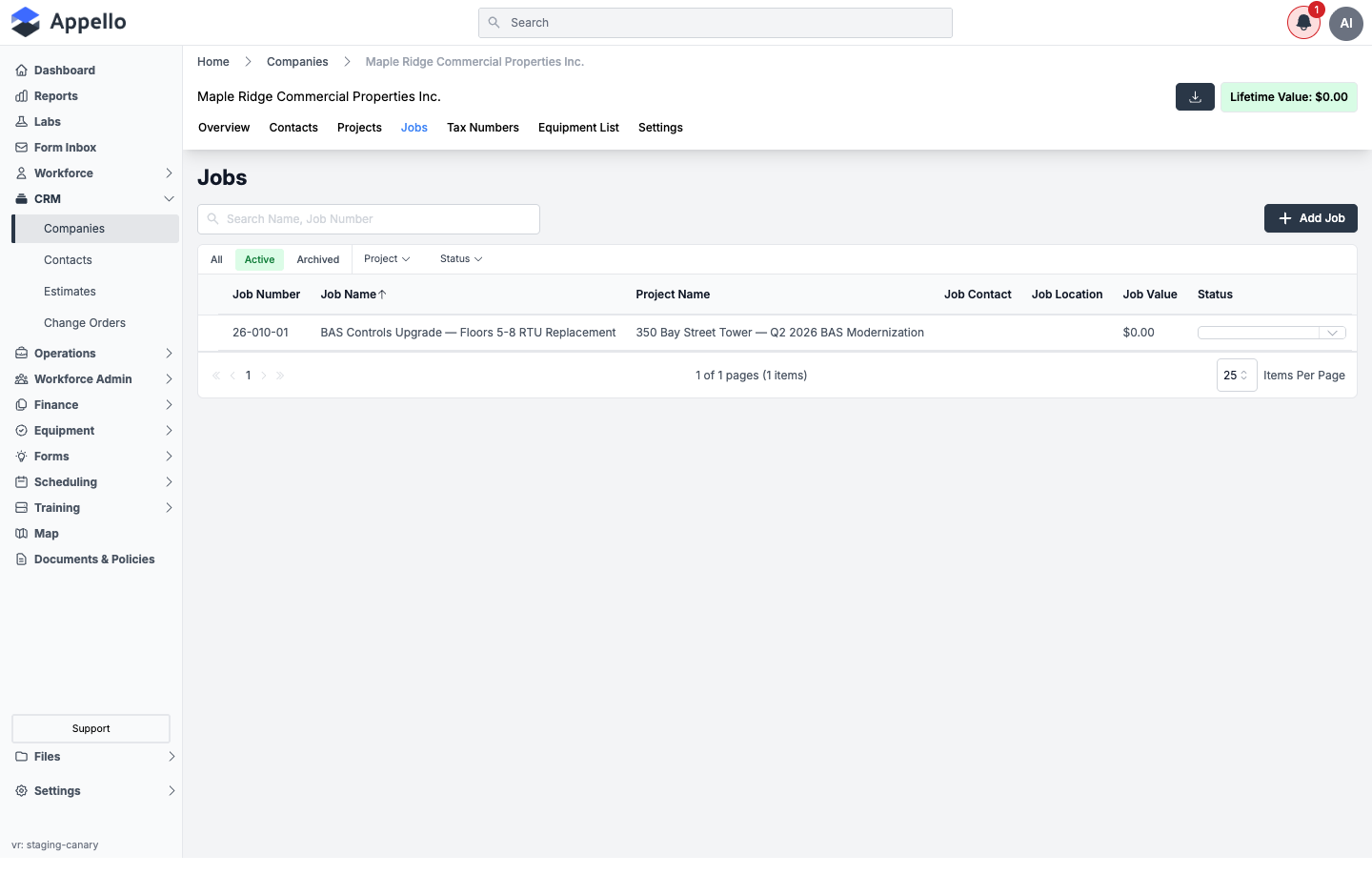 Company Jobs tab with one job