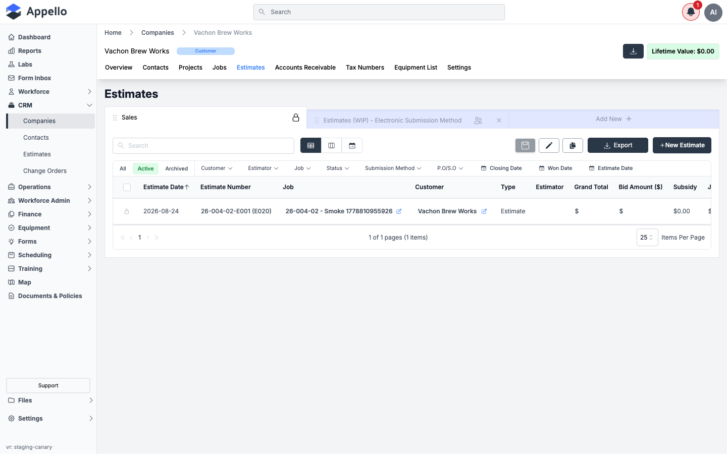 Company Estimates tab on a receivable-type company, showing one estimate