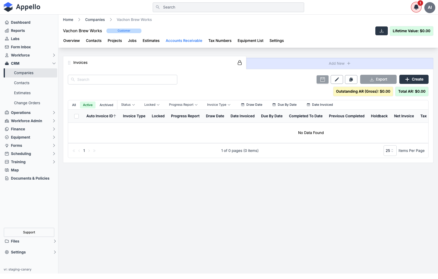 Company Accounts Receivable tab, shown empty on the demo instance