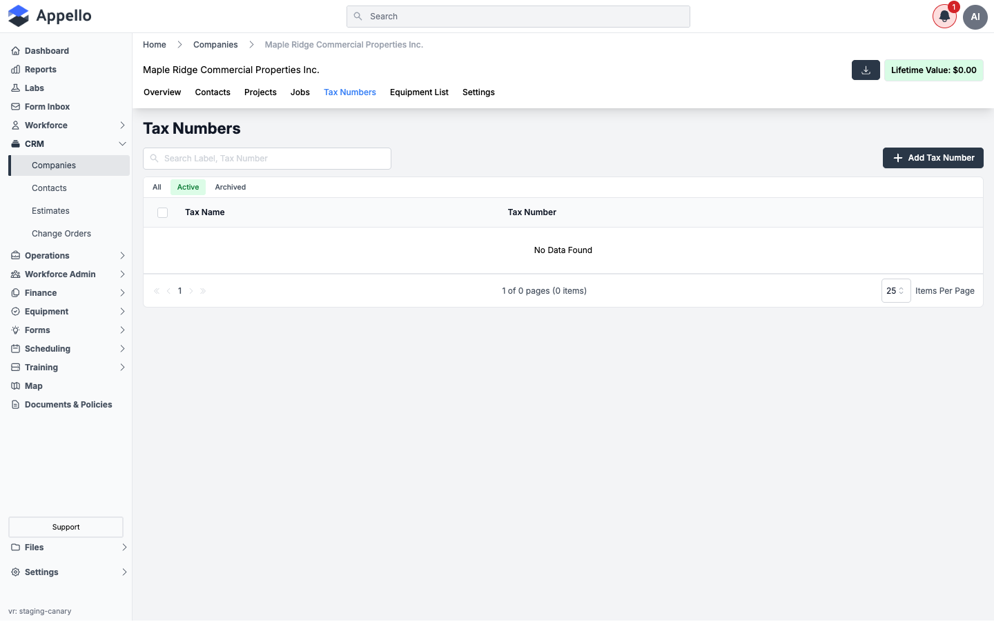 Company Tax Numbers tab, shown empty on the demo instance