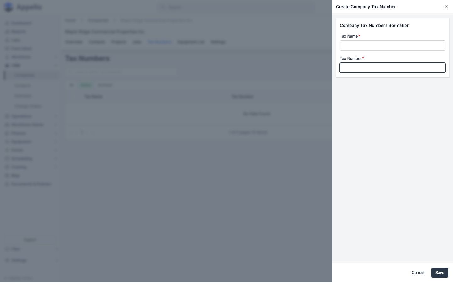 Create Company Tax Number flyout with Tax Name and Tax Number fields
