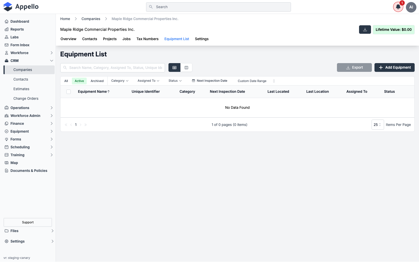 Company Equipment List tab, shown empty on the demo instance