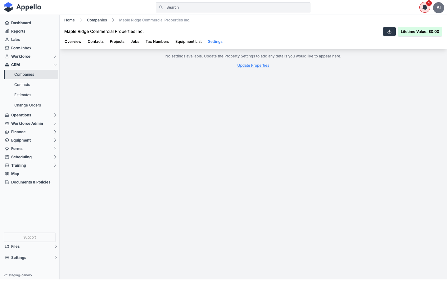 Company Settings tab, shown empty on the demo instance