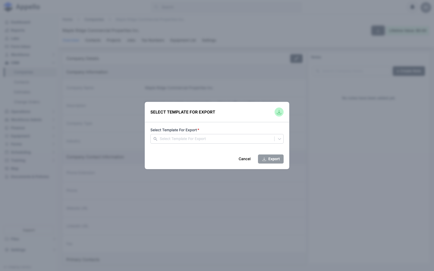 Select Template For Export picker opened from a company's Download button, with the template dropdown empty and Export disabled until a template is chosen