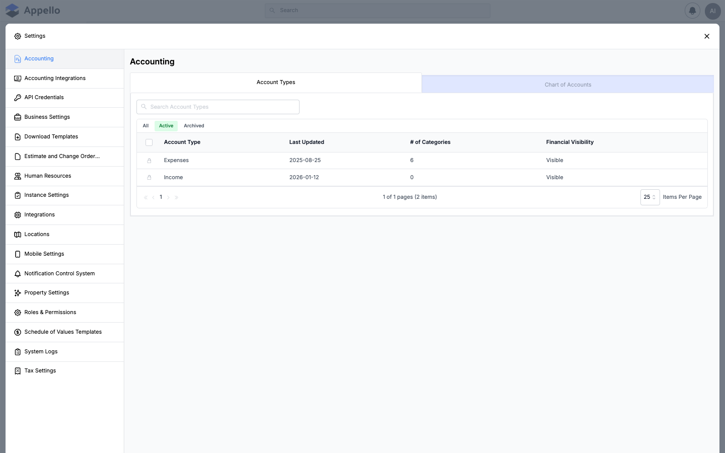 Accounting Settings — chart of accounts, cost codes, and financial configuration