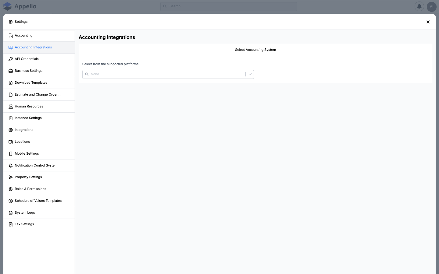 Accounting Integrations — QuickBooks and Sage connection settings with sync status