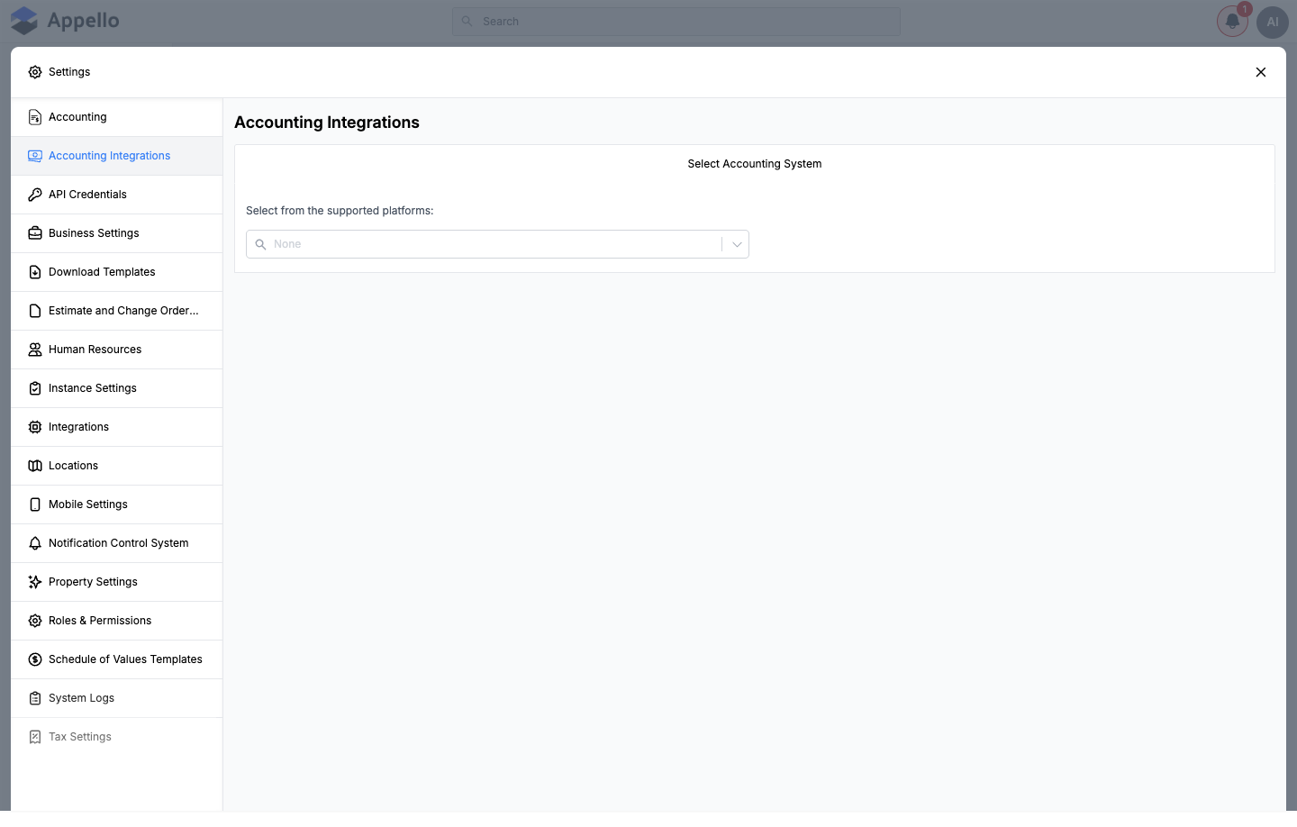 Accounting Integrations tab with the Select Accounting System field showing no system connected