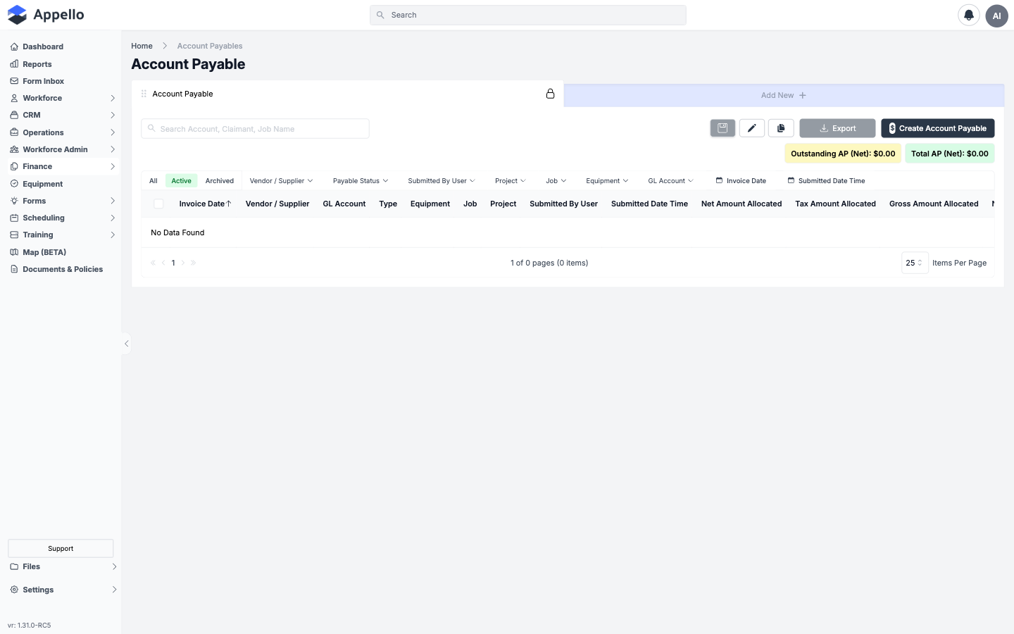Accounts Payable — vendor bills and AP expenses with coding, approval status, and payment tracking