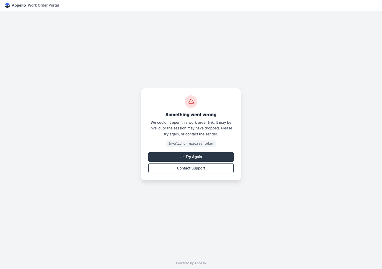 The "Something went wrong" card, Work Order Portal branding, showing the error reason "Invalid or expired token" and Try Again / Contact Support buttons