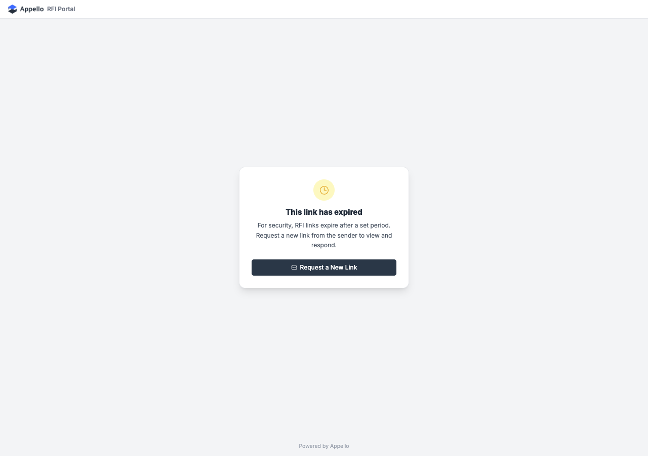 The shared "This link has expired" card, RFI Portal branding, reading "For security, RFI links expire after a set period. Request a new link from the sender to view and respond."