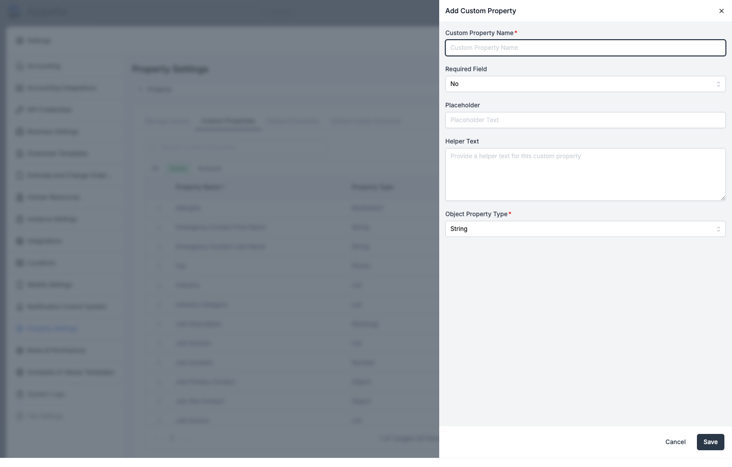 Add Custom Property panel with name, required toggle, placeholder, helper text, and property type fields