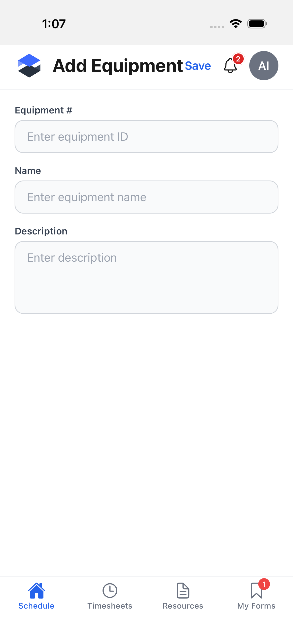 Add Equipment -- empty form with Equipment #, Name, and Description fields, and a Save link in the header