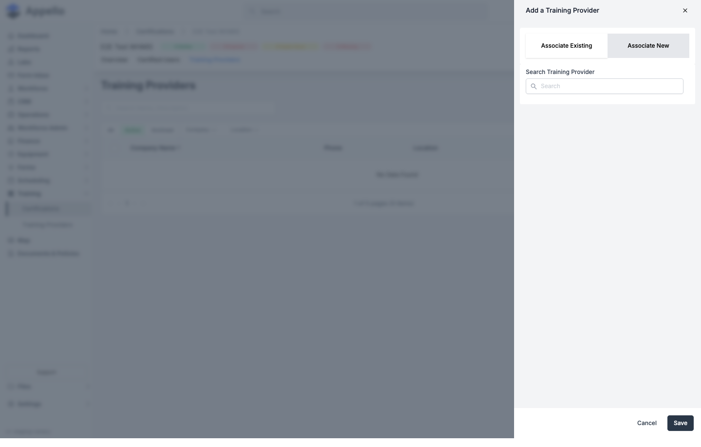 Add a Training Provider flyout with Associate Existing and Associate New tabs, and a Search Training Provider box on the Associate Existing tab