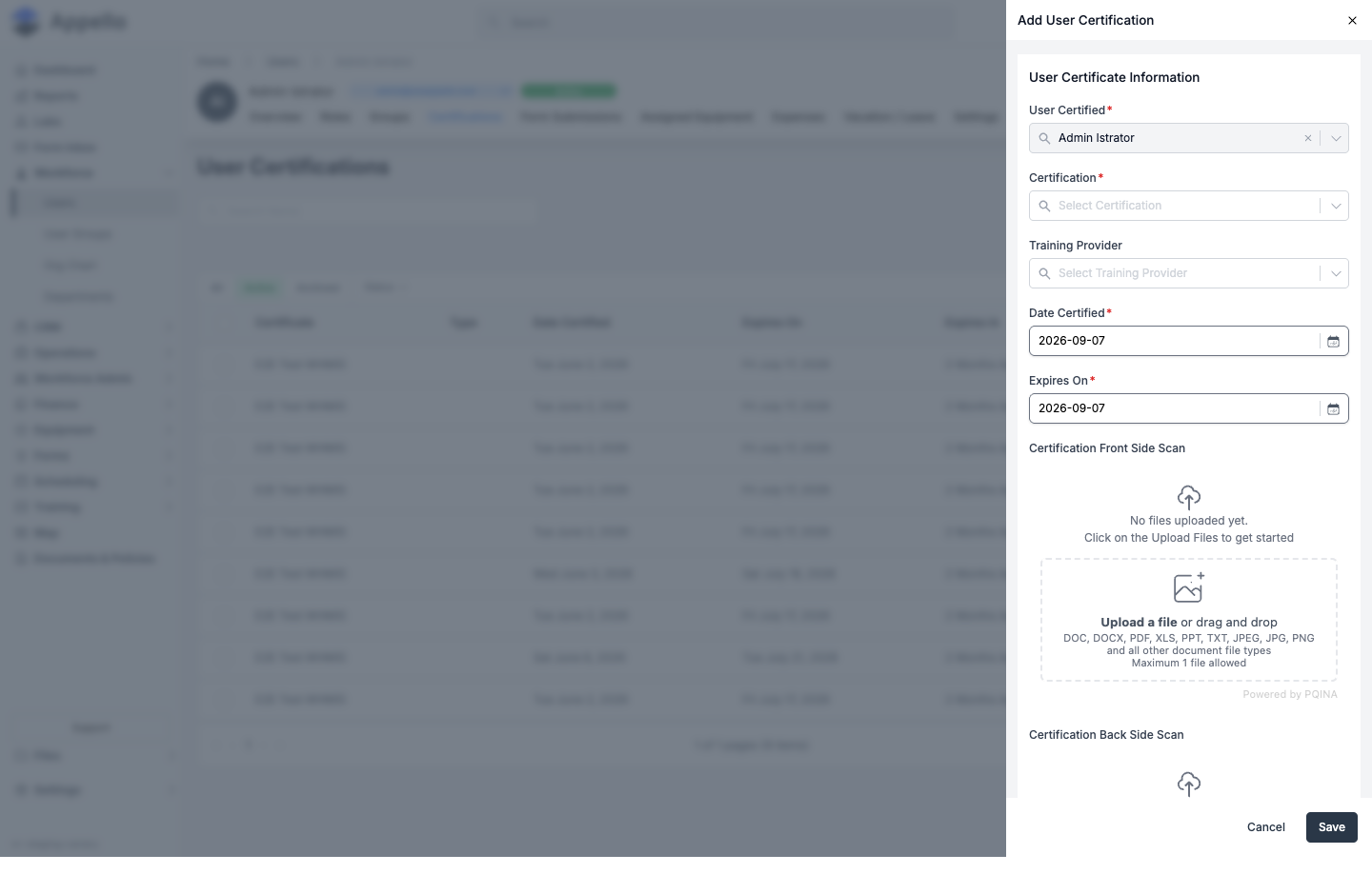 Add User Certification panel with User Certified, Certification, Training Provider, Date Certified, Expires On fields, and Certification Front/Back Side Scan upload areas
