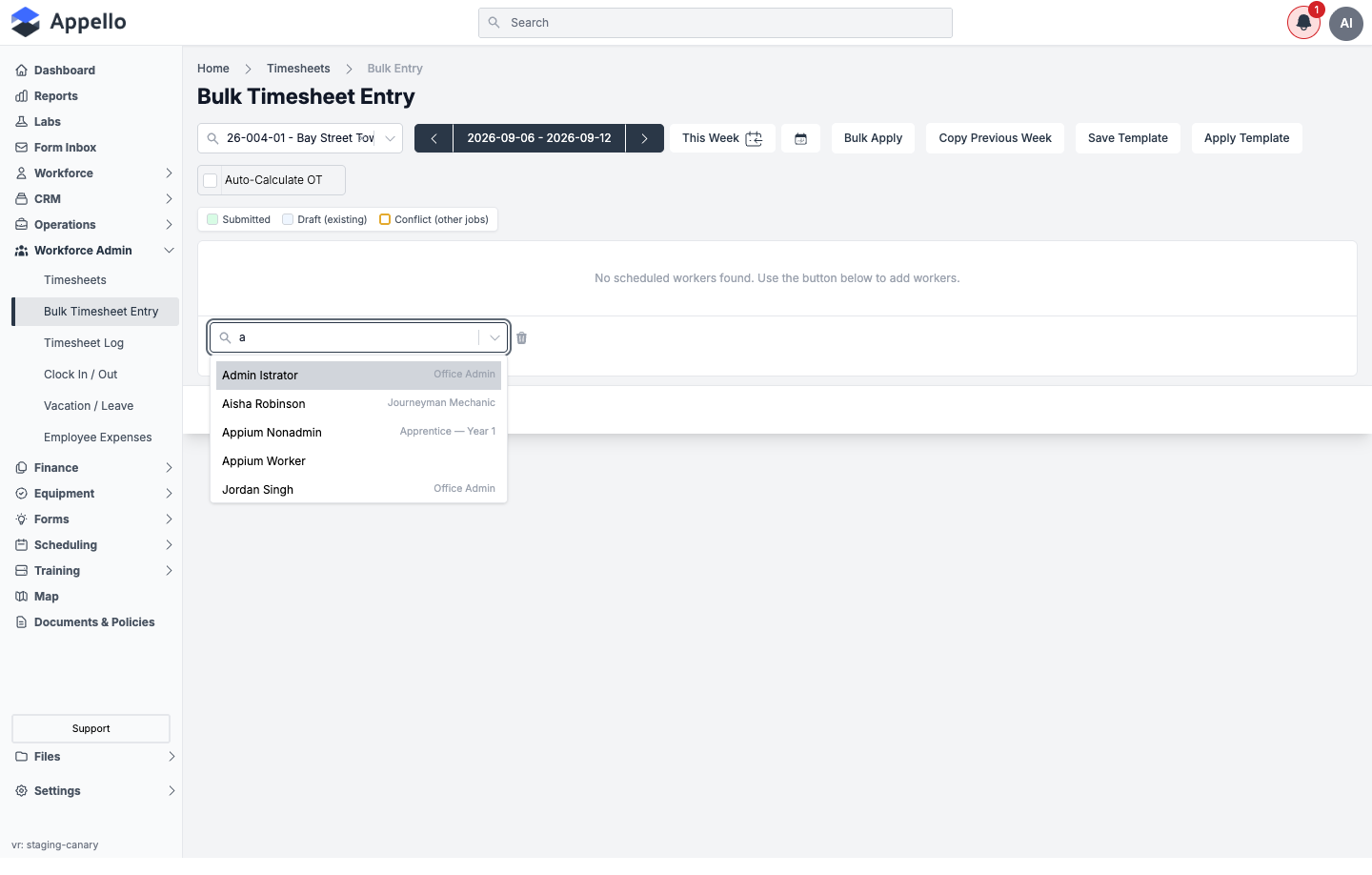 Search for a worker dropdown when adding a worker to the bulk entry grid, showing name and trade classification