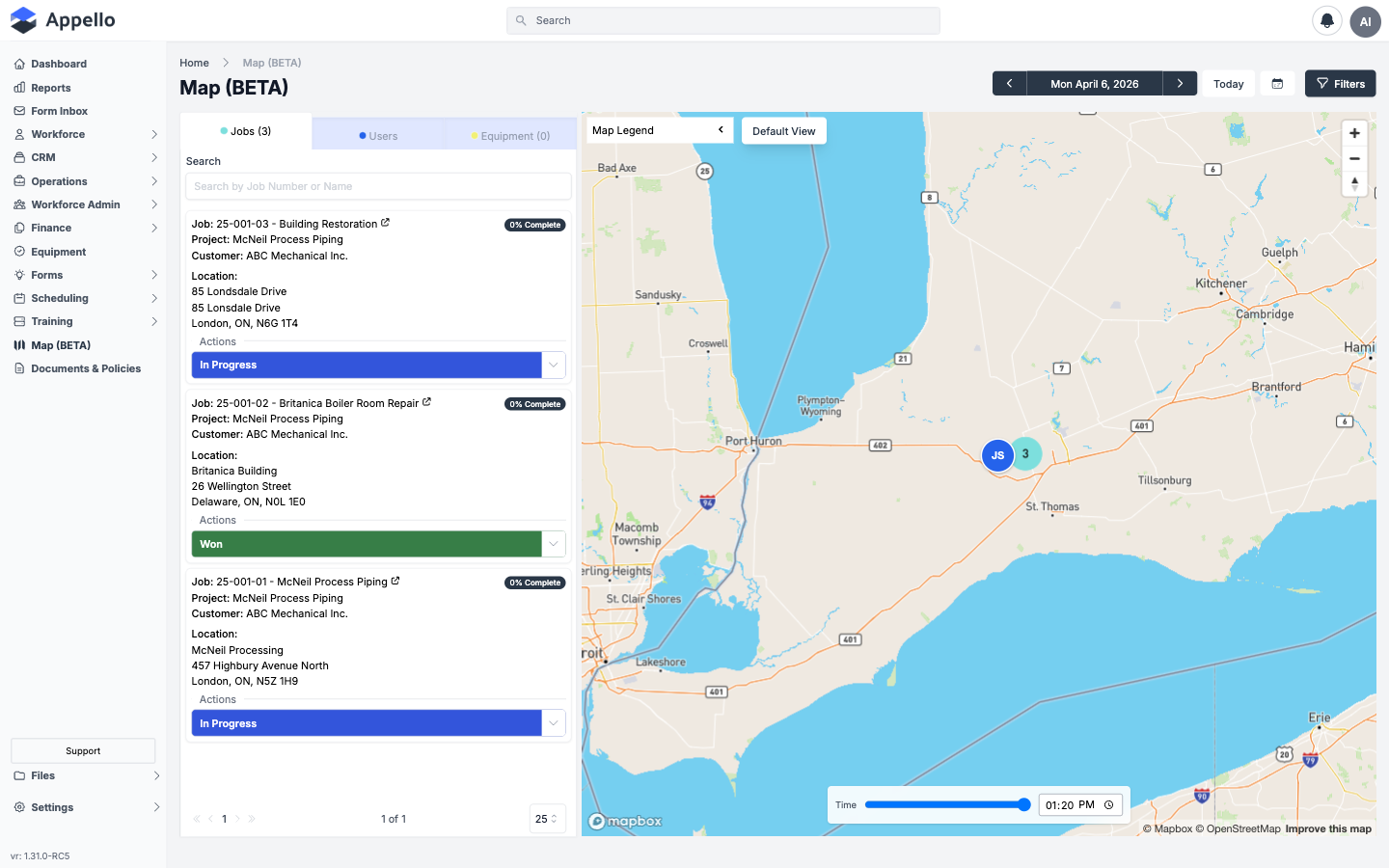 Administrative Map — geographic view of job sites, worker locations, and equipment positions