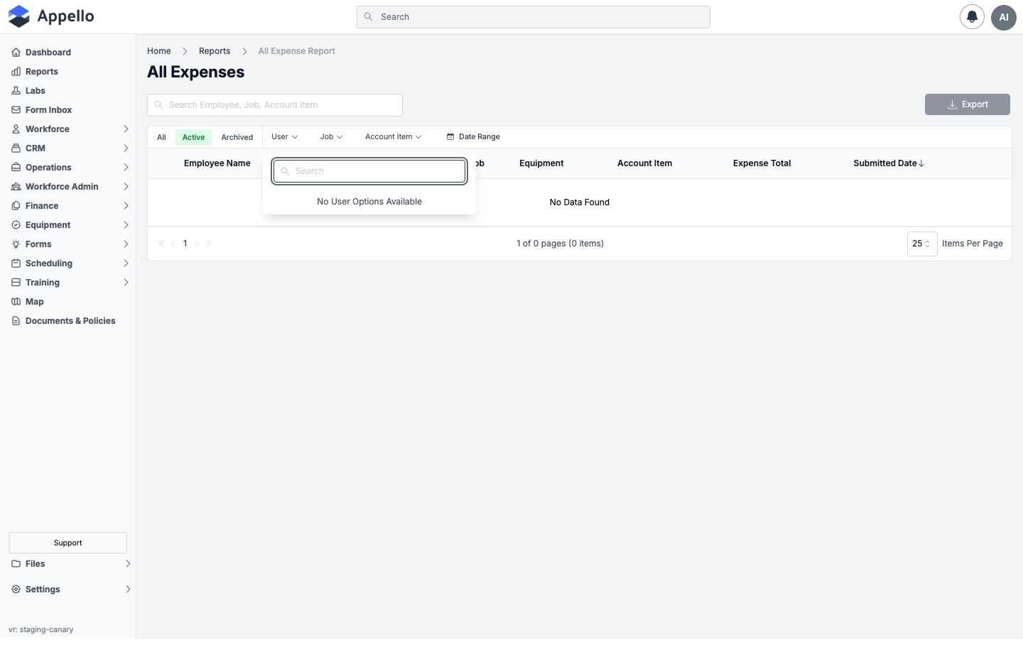 All Expense Report — User filter dropdown open, showing the search box and "No User Options Available"