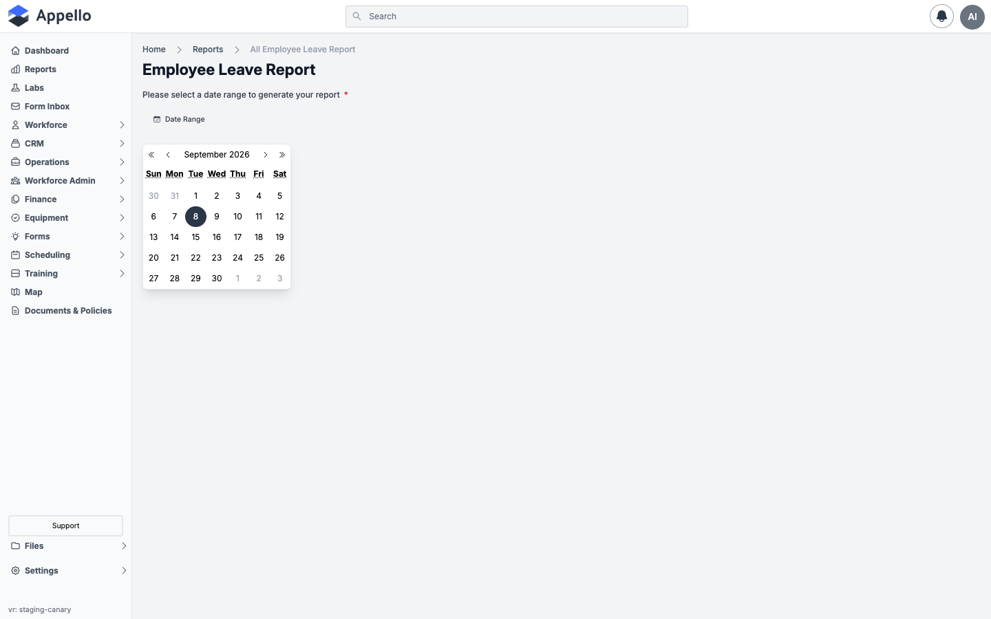 All Leave By Employee — Date Range calendar open to September 2026
