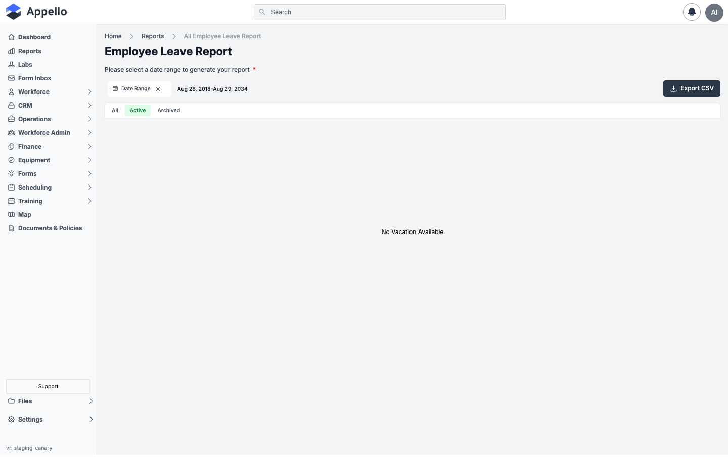 All Leave By Employee — Aug 2018–Aug 2034 date range, All/Active/Archived tabs, Export CSV button, and "No Vacation Available"
