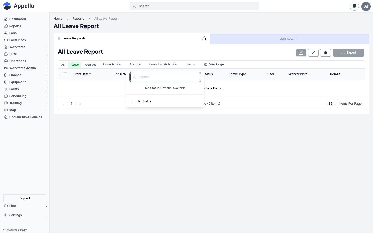 All Leave Report — Status filter dropdown open, showing a search box, "No Status Options Available", and an Empty checkbox