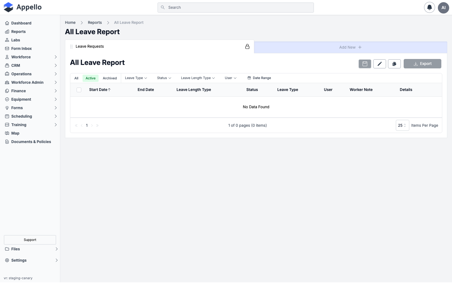 All Leave Report — Active tab, Leave Type/Status/Leave Length Type/User/Date Range filters, and "No Data Found"