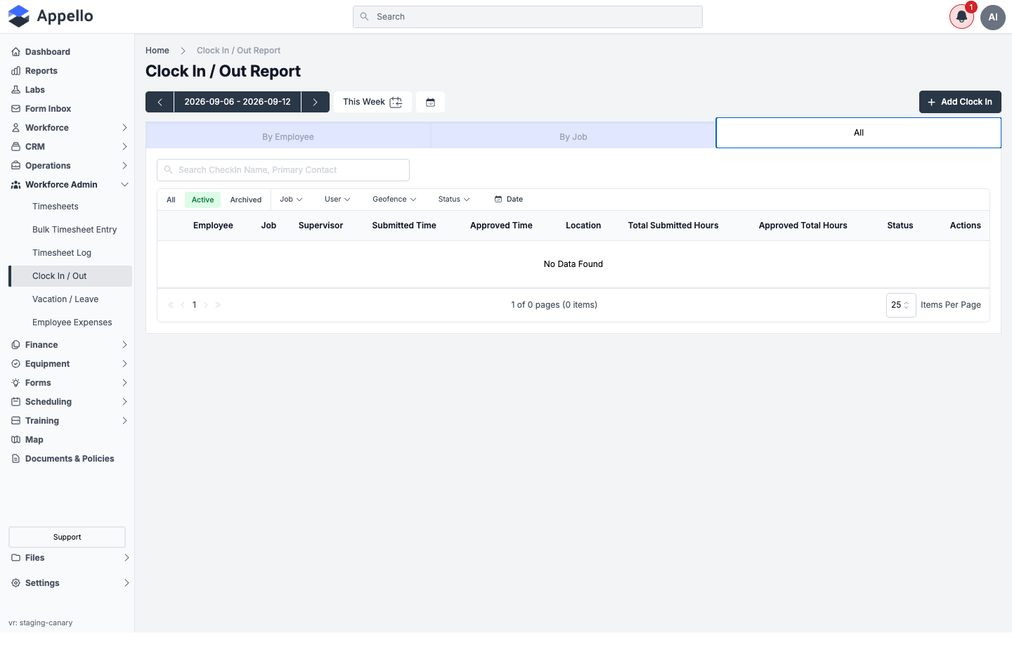 Clock In / Out Report — All tab, showing the full filter bar and column set