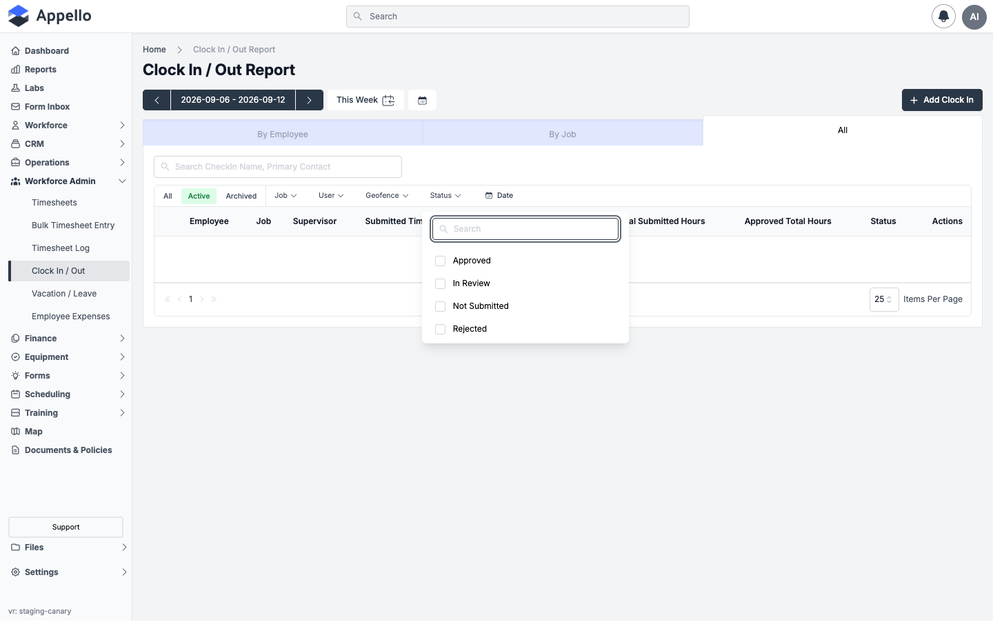 Clock In / Out Report — All tab, Status filter open, showing the Approved / In Review / Not Submitted / Rejected checklist