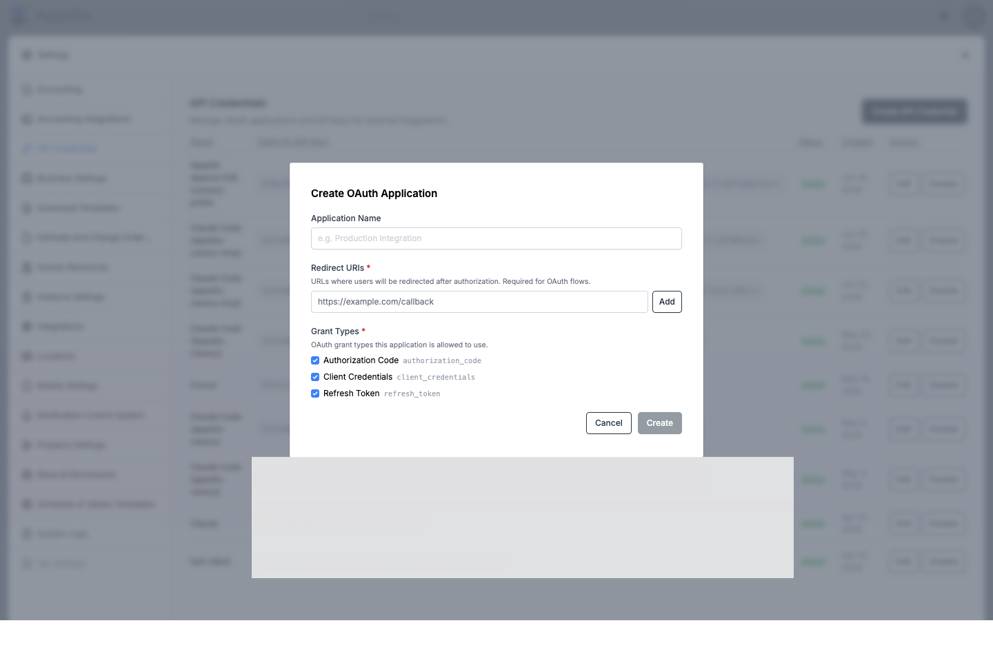 Create OAuth Application panel with Application Name, Redirect URIs, and Grant Types fields