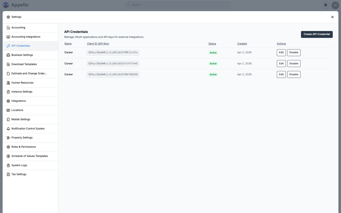 API Credentials — API keys and authentication tokens for third-party integrations