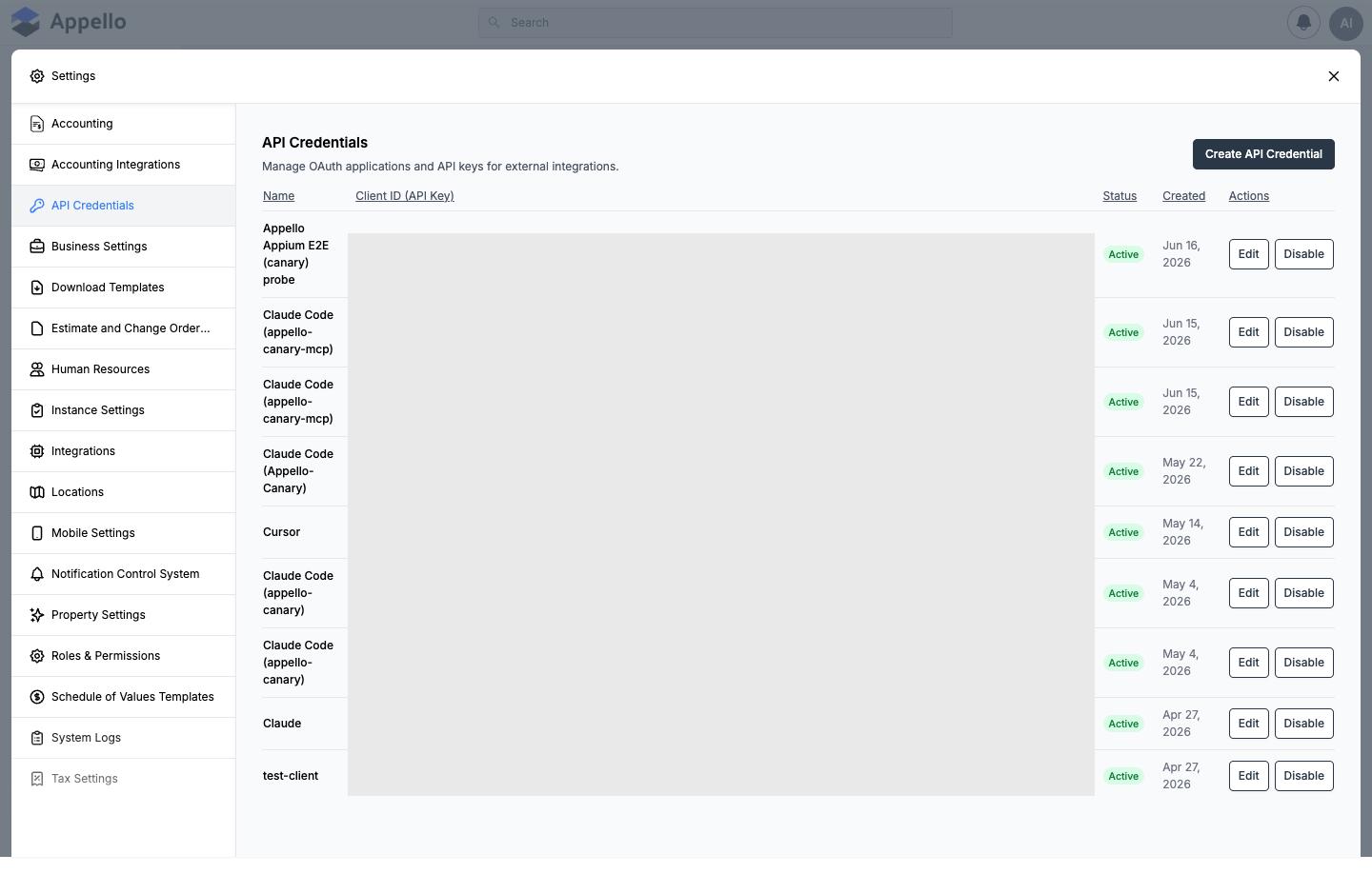 API Credentials tab showing a list of OAuth applications with Name, Status, Created, and Actions columns; Client ID values redacted