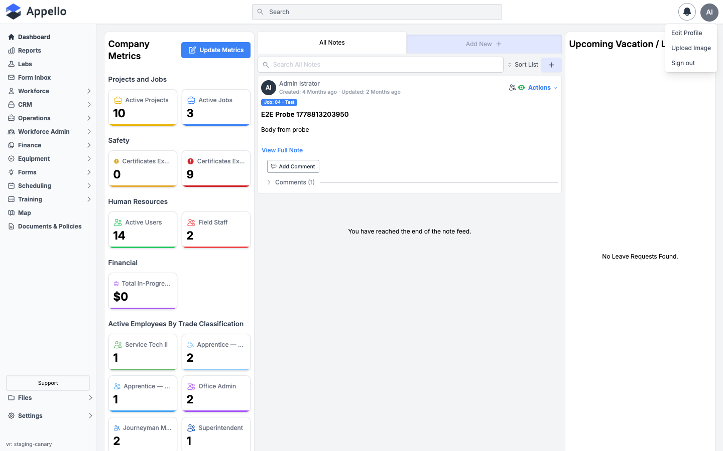 Avatar menu open, showing Edit Profile, Upload Image, and Sign out