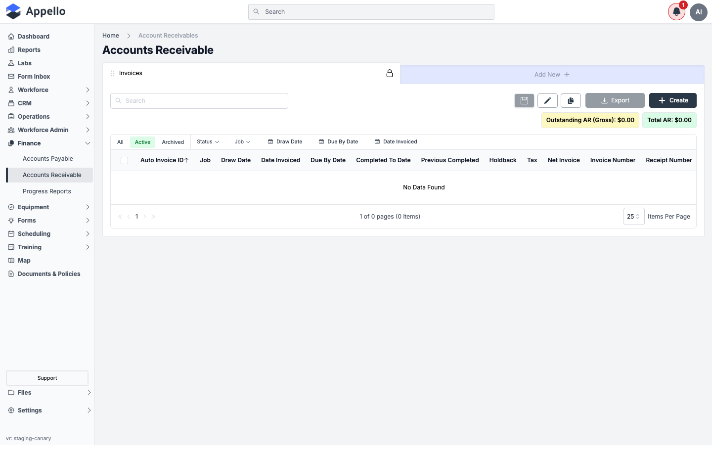 Accounts Receivable — invoice list with Outstanding AR and Total AR totals, and Draw/Due/Invoiced date filters