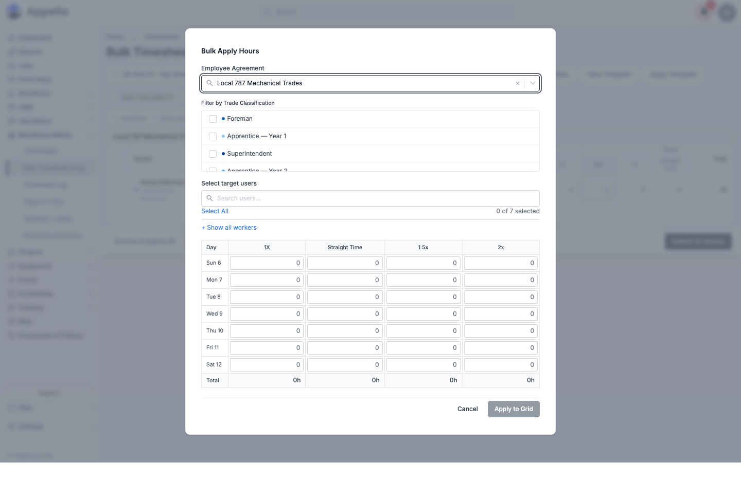 Bulk Apply Hours panel with Local 787 Mechanical Trades selected, a trade classification filter, a target-user picker, and a day-by-rate-label hour matrix