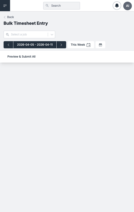 Bulk Timesheet Entry — job selector, date range, and crew entry grid