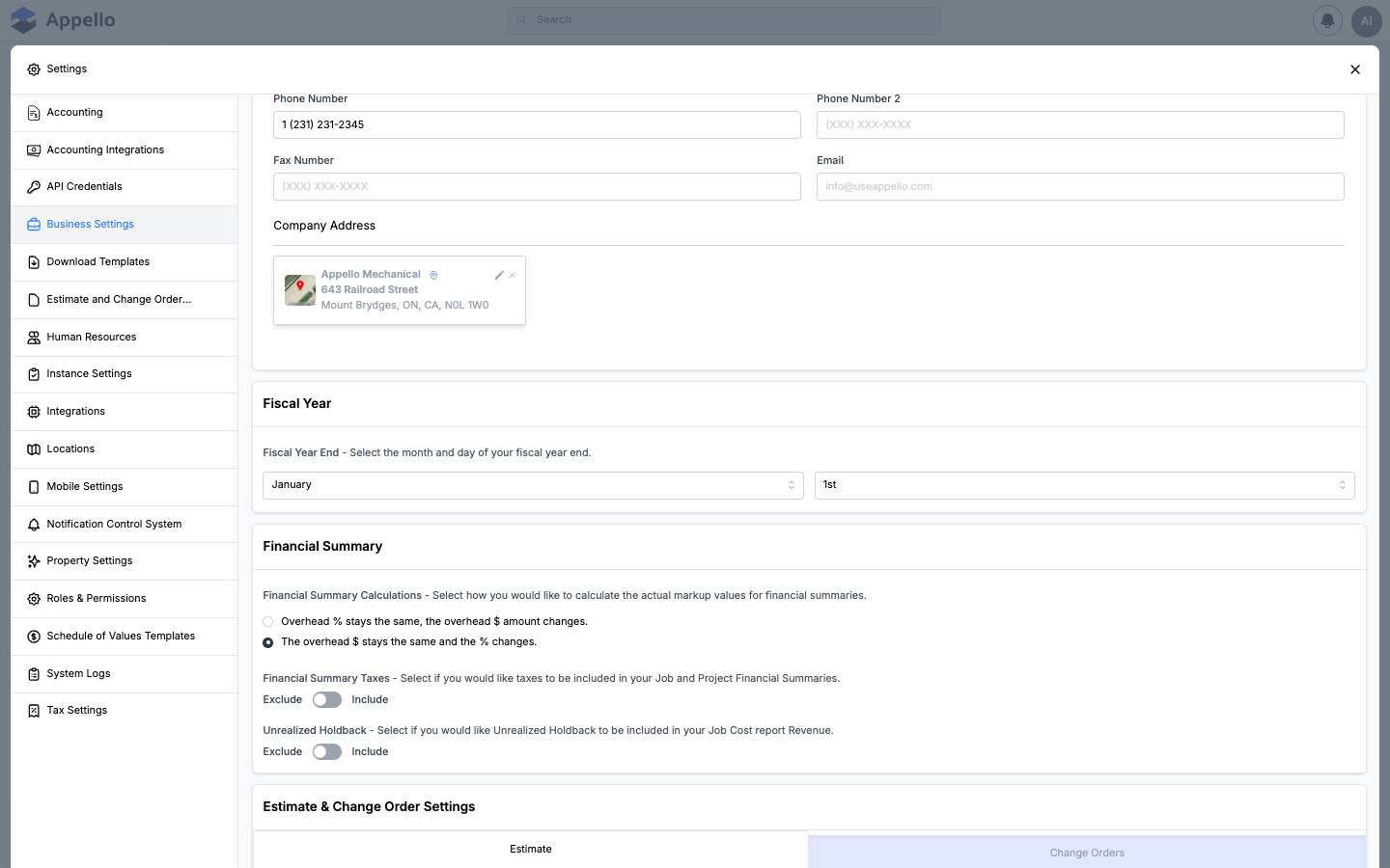 Business Settings — company name, logo, address, and contact information configuration