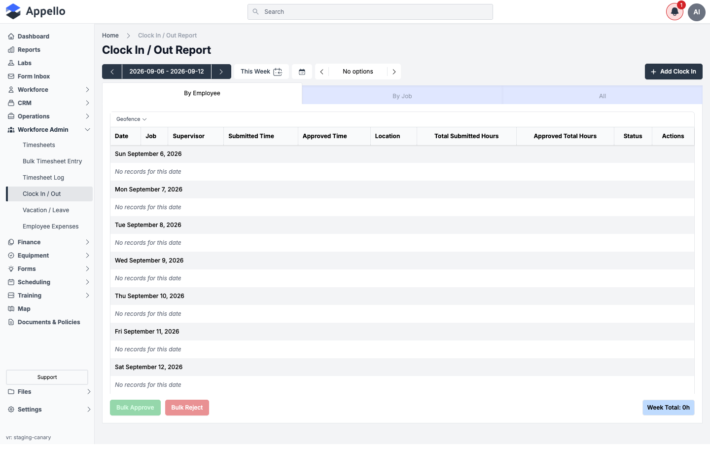 Clock In / Out Report — By Employee tab, showing the week navigator, tabs, and the day-by-day grouped table