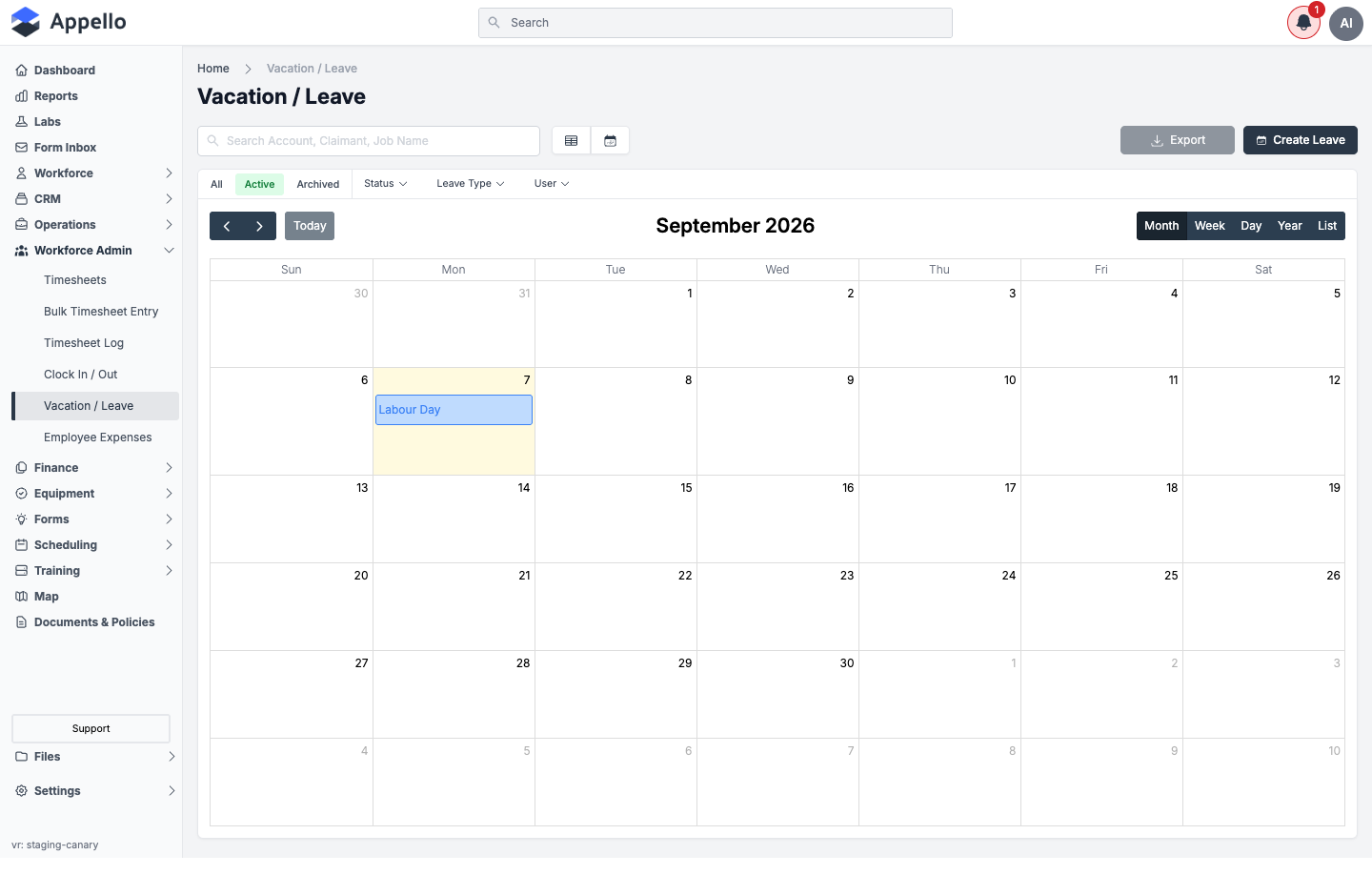 Vacation / Leave calendar view showing a company holiday on the Month view