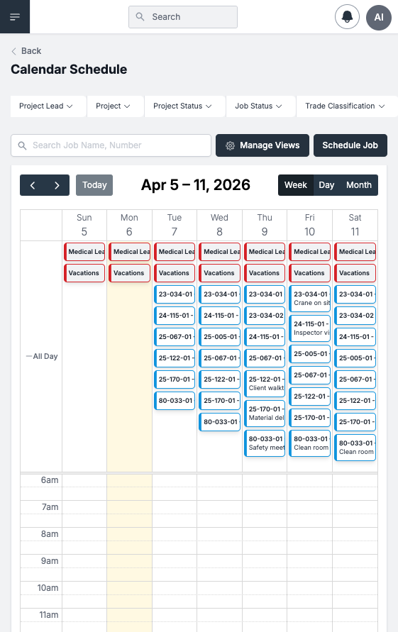 Calendar Schedule — weekly view with colored job assignment blocks and leave indicators across 7 days