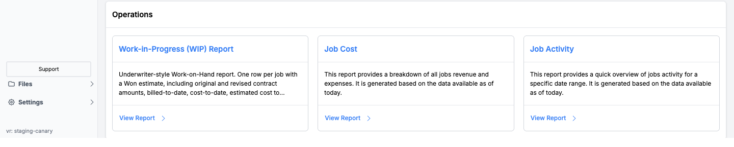 Reports Hub — Operations category section showing the Work-in-Progress (WIP) Report, Job Cost, and Job Activity cards