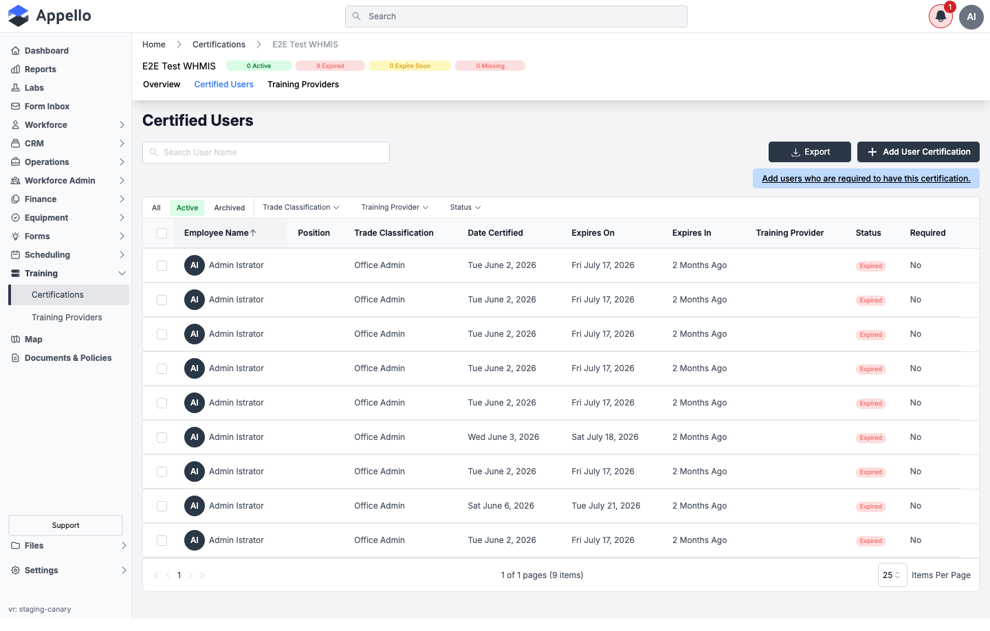 Certified Users tab on a certification's detail page, showing status chips, Trade Classification/Training Provider/Status filters, and a table of employees with Expired status badges