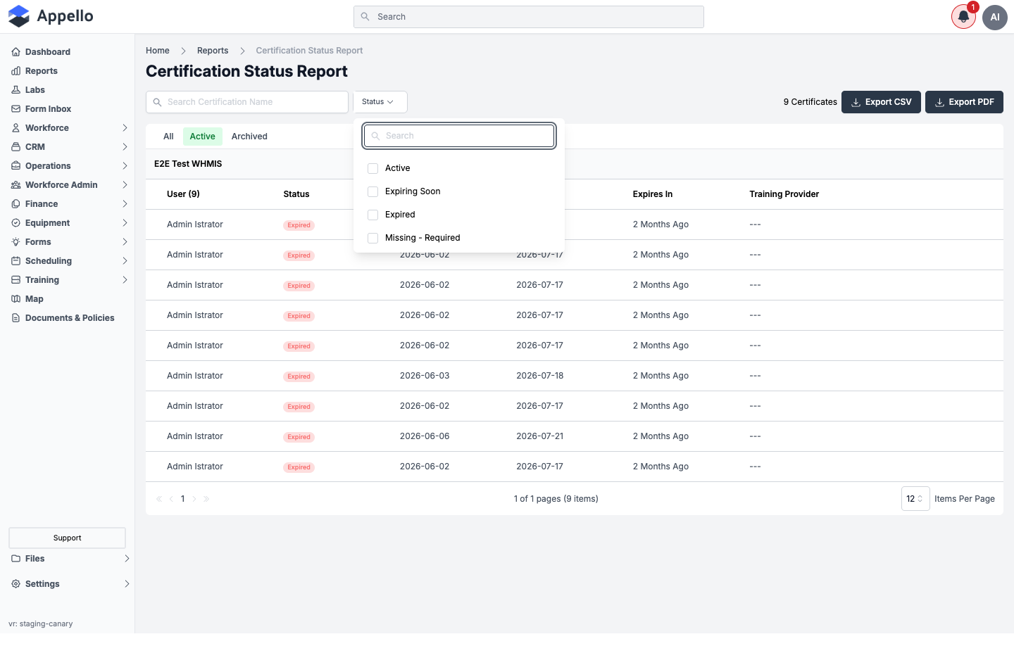 Certification Status Report — Status filter dropdown open, showing Active, Expiring Soon, Expired, and Missing - Required checkboxes