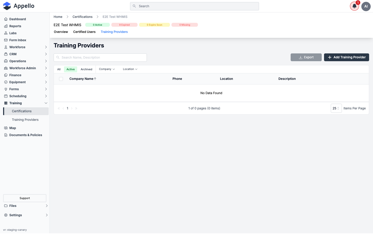 Training Providers tab on a certification's detail page -- Add Training Provider button, and a table of Company Name, Phone, Location, and Description, with no providers linked on this demo instance
