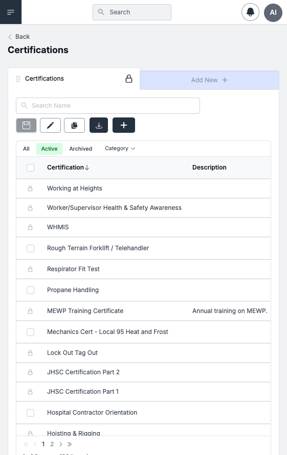 Certifications — list of certification types including Working at Heights, WHMIS, JHSC, and trade-specific certifications
