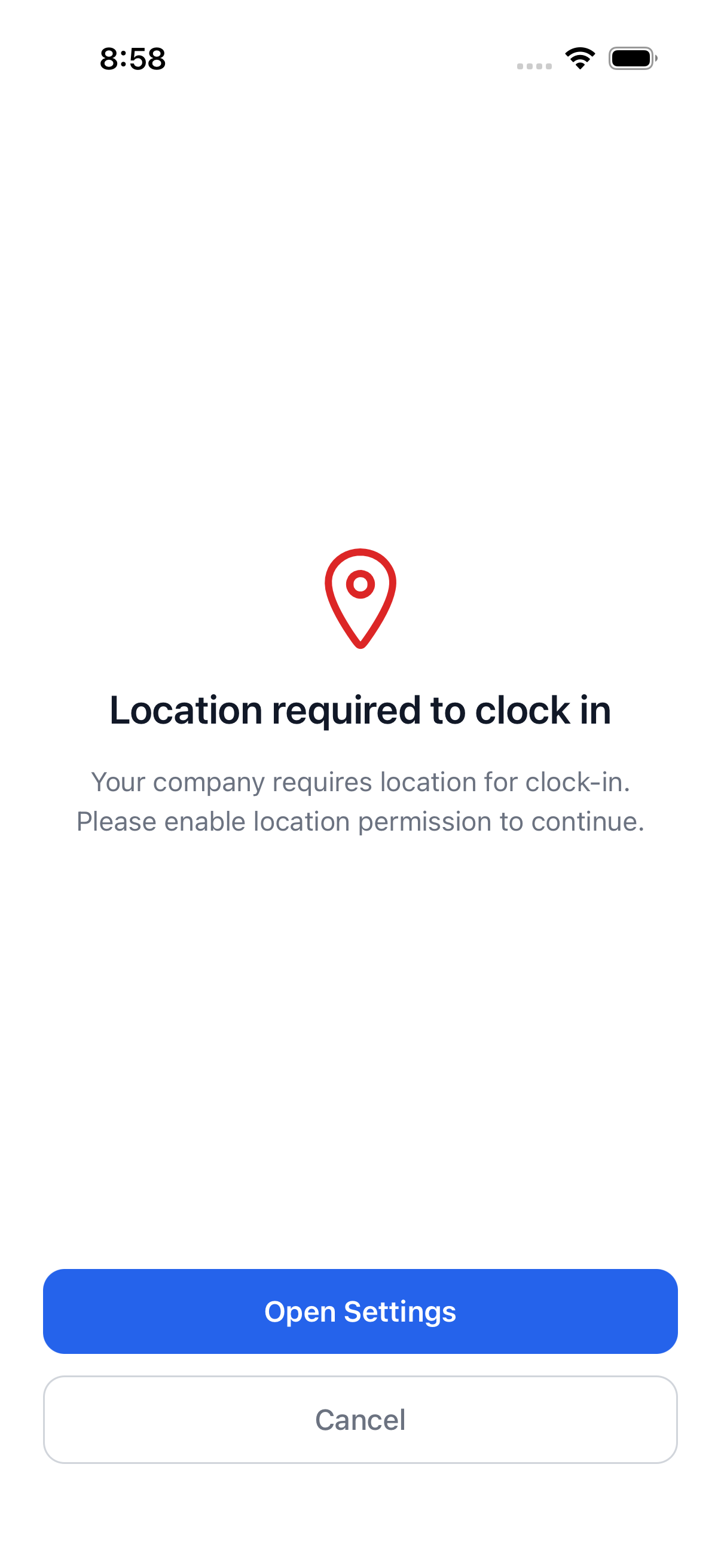 Location required to clock in -- shown instead of the Clock In sheet when the OS permission grant isn't sufficient