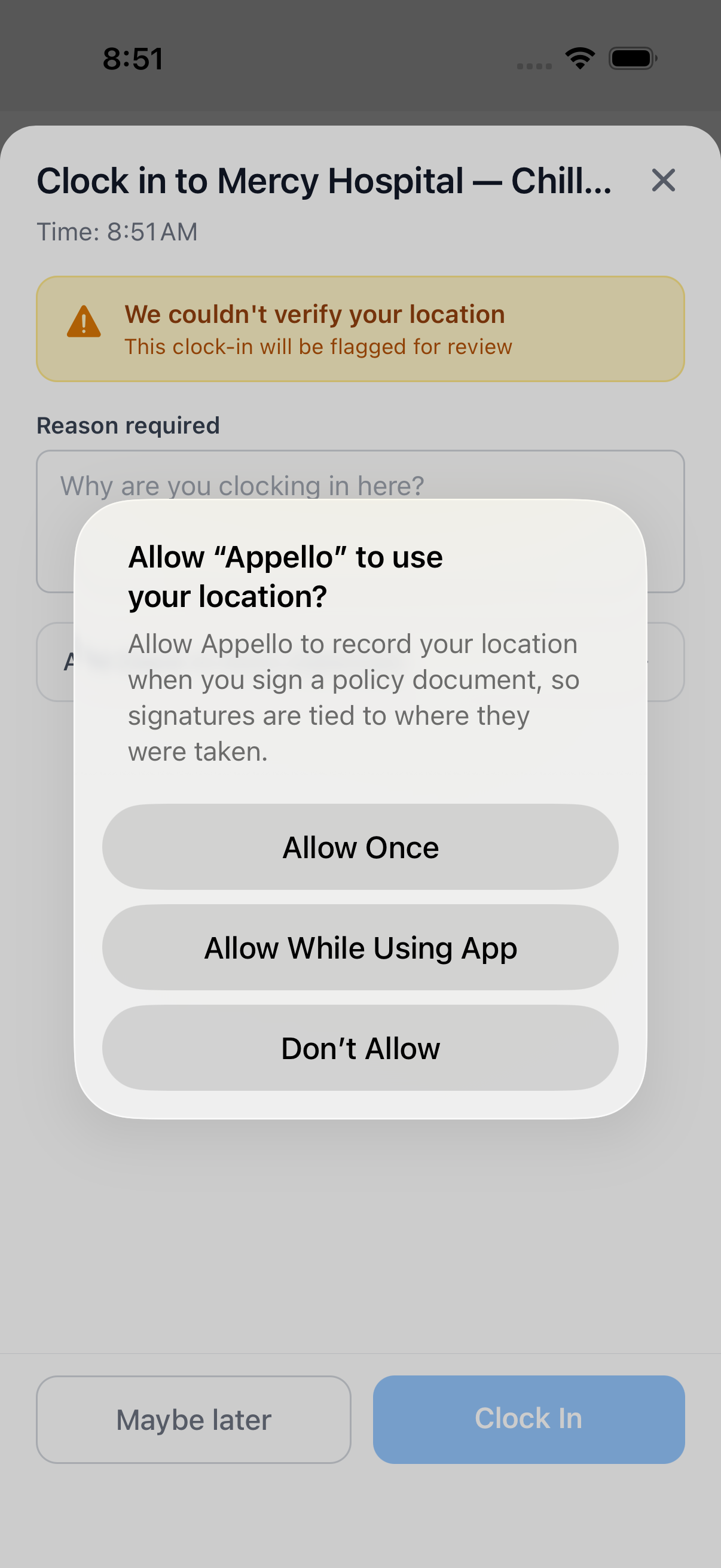 Clock In sheet -- location couldn't be verified, so a reason is required before submitting